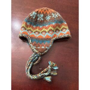 Newari Hand Knit Wool Earflap Beanie Hat Icelandic Fleece Lined Brown Teal